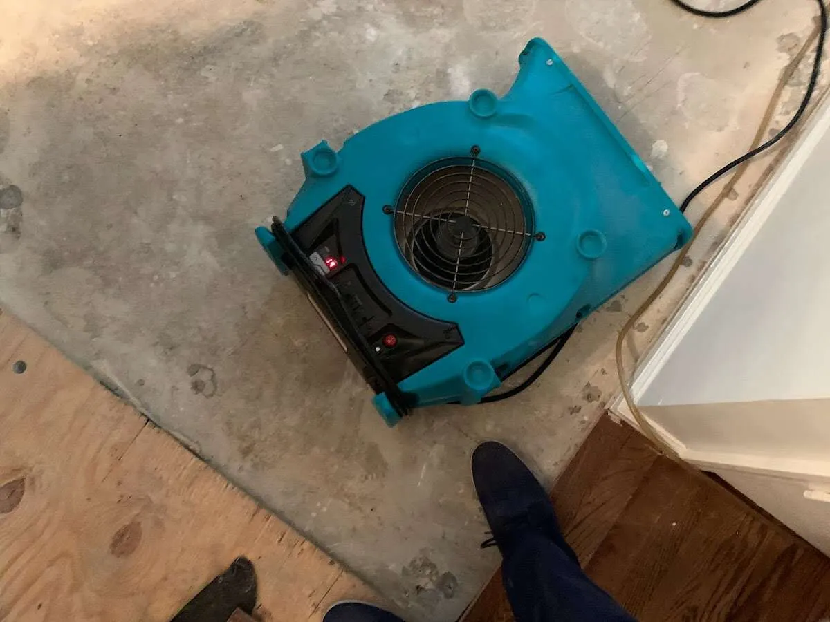 Air mover drying subfloor during Leak Detection & Repair in Bull Run